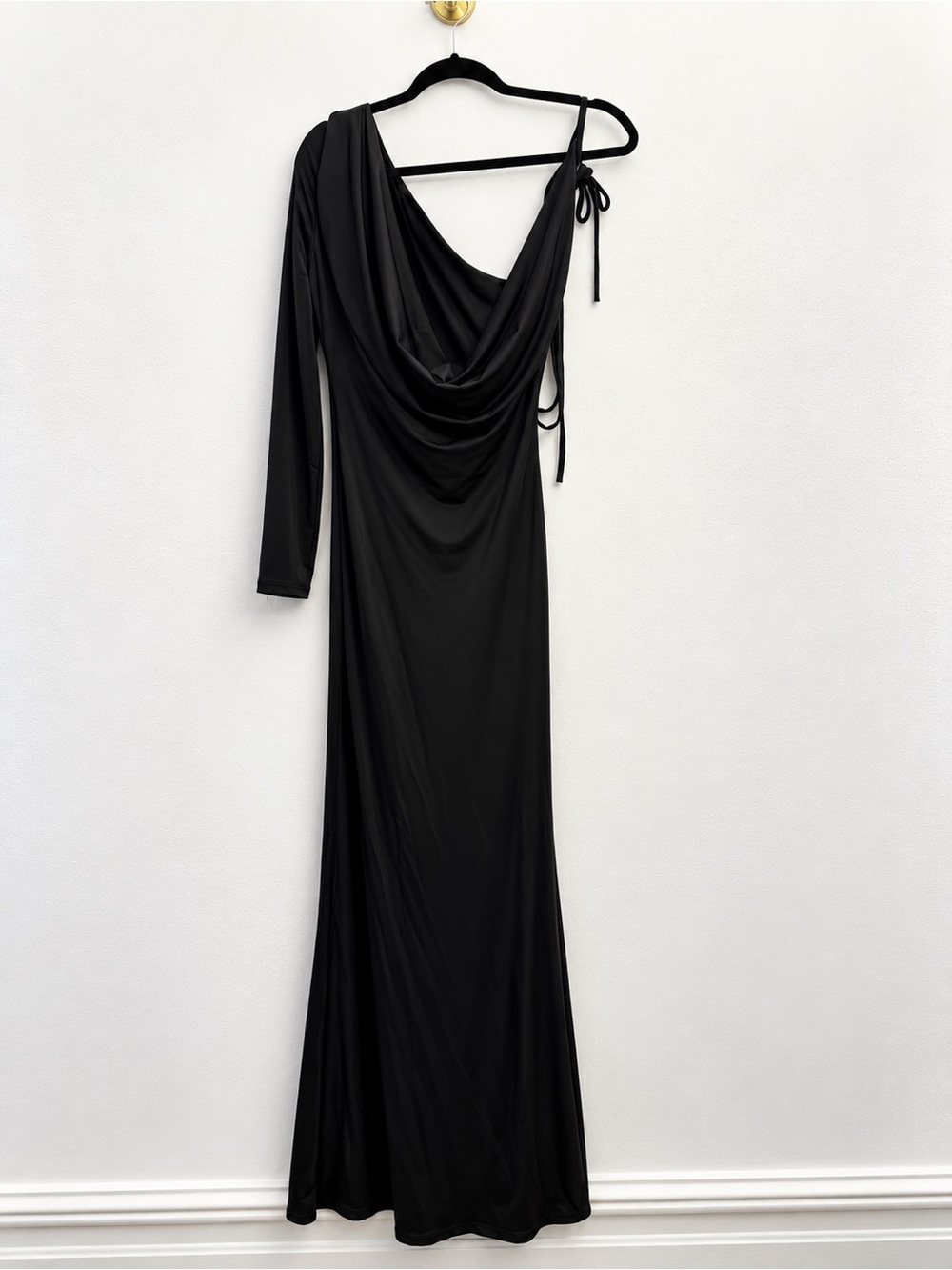 Fashion Nova Black One Shoulder Draped Maxi Dress
